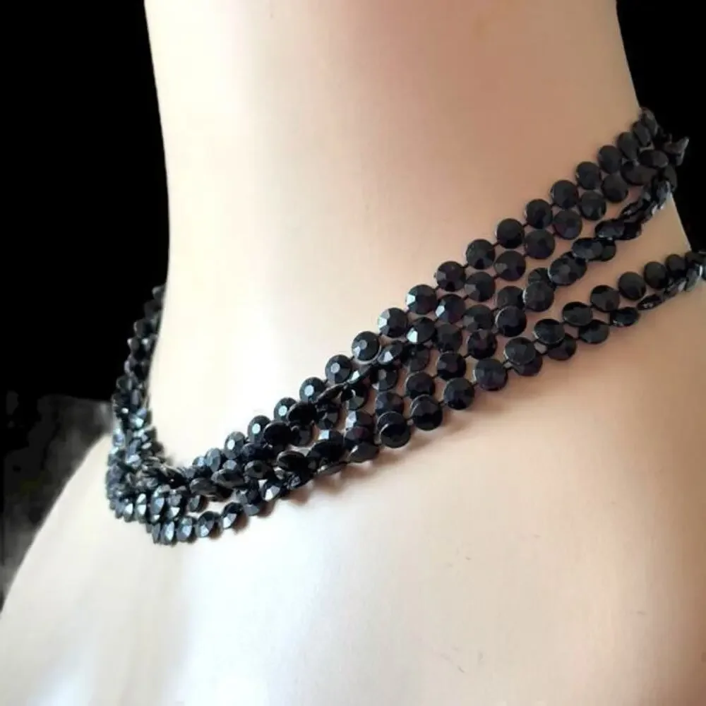 52” Black Lucite Disc Bead Double Strand Necklace Vintage 1960s Featherlight Mod